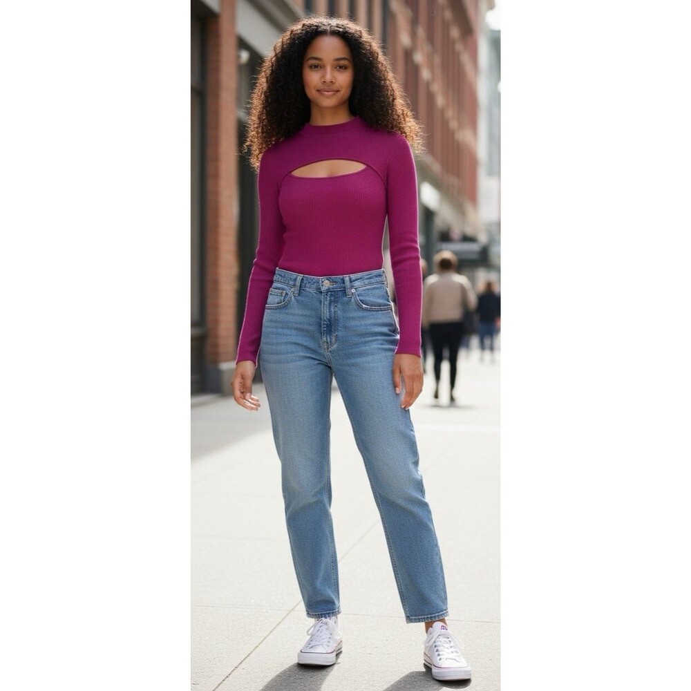 Bohme womens NEW! long sleeve magenta stretch open chest bodysuit ribbed Small